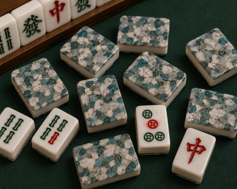 May include: A collection of mahjong tiles featuring a mix of standard white tiles with green and red engraved symbols and decorative tiles with a blue, white, and gold speckled stone-like pattern on the back, arranged on a dark green surface.