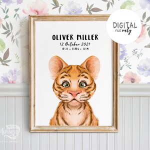 Póster personalizado del nombre de la guardería de regalo con Baby Tiger, Idea perfecta de regalo para bebés nuevos, Letrero de la puerta del dormitorio impreso en la jungla safari arte de retrato de animales