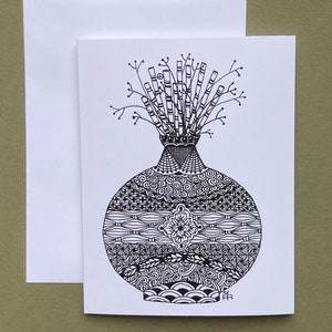 May include: Black and white line drawing of a vase with a round body and a narrow neck. The vase is filled with stylized flowers. The vase is decorated with intricate patterns.