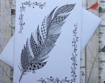 Zentangle, Feather, Greeting Card, Black & White, 4.25 x 5.5, Note Card, Thank You, Sympathy, Blank Card