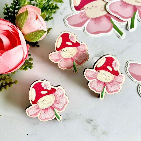 Wooden Pin Badge, Moosh & Sakura (Cherry Blossom), Eco-Friendly Material