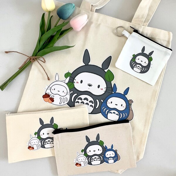 Totoro Canvas Tote Bag & Zipper Pouches - Gusset Tote, Reusable Bag, Shopping Bag, Eco Friendly, Cute Tote, Canvas Pouch, Makeup Bag