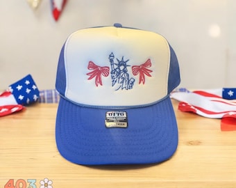 Statue of Liberty Hat | 4th of July Trucker | Patriotic Bow Cap | Embroidered USA Hat | Liberty Foam Hat | Red White Blue Hat