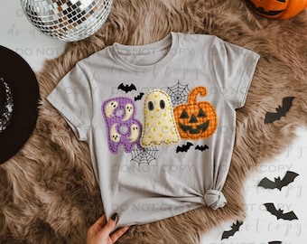 Bella Canvas Halloween Shirt – Boo Ghost & Pumpkin Faux Patchwork Design, Cozy Fall Graphic Tee