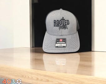 Rooted in Christ Hat –Embroidered Richardson 112 Christian Trucker Hat, Faith-Based Mesh Cap, Adjustable Snapback, Bible Verse Inspired Gift