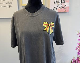 Embroidered Softball Coquette Bow T-Shirt  - Baseball Mom Unisex Comfort Colors