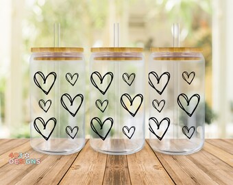 Doodle Hearts Libby Glass Can UV DTF Transfer
