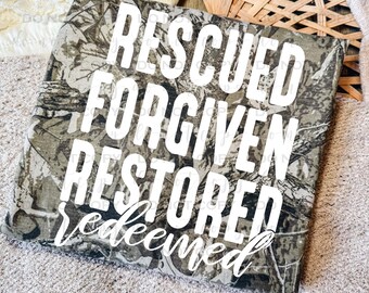 Rescued Forgiven Restored Redeemed White | DTF Transfer | Direct to film transfer | Ready to press | Faith Transfer