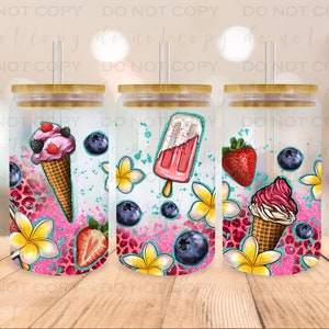 May include: Three clear tumbler cups with lids and straws. Each cup has a different summer-themed design with ice cream, popsicles, and fruit. The designs are on a pink and white background with glitter.
