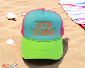 Support Day Drinking Trucker Hat – Neon Foam Snapback, Bright Summer Beach Hat, Funny Pool Party Hat, Aqua Pink Green Mesh Hat