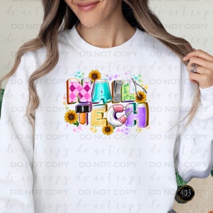 May include: A white sweatshirt with a colorful graphic design that says "Nail Tech". The design includes sunflowers, nail polish bottles, nail clippers, and other nail salon tools.