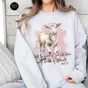 May include: A gray sweatshirt with a watercolor illustration of a white lamb. The text "Behold the lamb of God who takes away the sin of the world" is printed below the lamb, with "John 1:29" printed below the text.