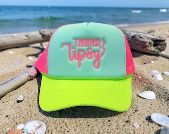 Tanned and Tipsy Trucker Hat – Neon Foam Snapback, Bright Summer Beach Hat, Funny Pool Party Hat, Aqua Pink Green Mesh Hat