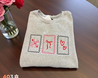 Valentine Stamp Embroidered Sweatshirt Hearts Bow