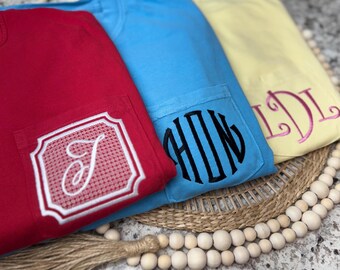 Custom Embroidered Comfort Colors T-Shirt or Sweatshirt – 16 Monogram Styles, Personalized Gift, Vintage Aesthetic