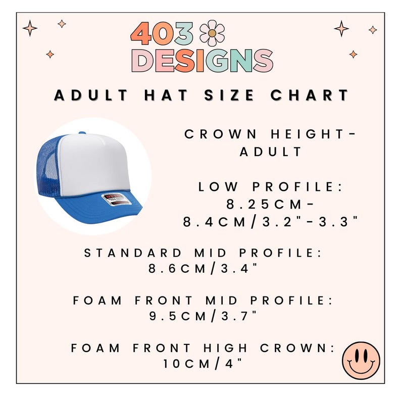 K&ouml;nnte beinhalten: Eine Hutgr&ouml;&szlig;entabelle mit einer blauen, wei&szlig;en und Mesh-Trucker-M&uuml;tze. Die Tabelle enth&auml;lt Kronenh&ouml;henmessungen in cm und Zoll f&uuml;r verschiedene Profile. Der Text "403 Designs" befindet sich oben.