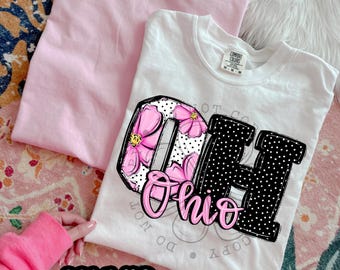 Pink Floral Dots OH | DTF Transfer | Direct to film transfer | Ready to press | Pink Floral Dots States Transfer
