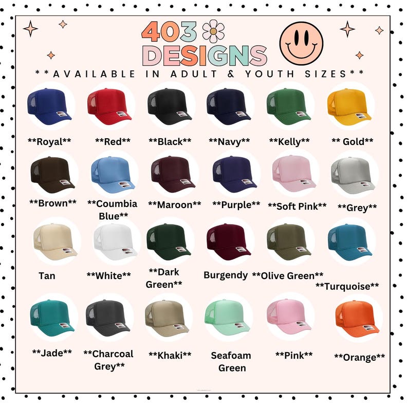K&ouml;nnte beinhalten: Eine Auswahl an Trucker-Caps in verschiedenen Farben, darunter Rot, Schwarz und Marineblau, wird gezeigt. Die Caps sind in Erwachsenen- und Jugendgr&ouml;&szlig;en erh&auml;ltlich. Das Bild enth&auml;lt den Text "403 Designs" und ein Smiley-Gesicht.