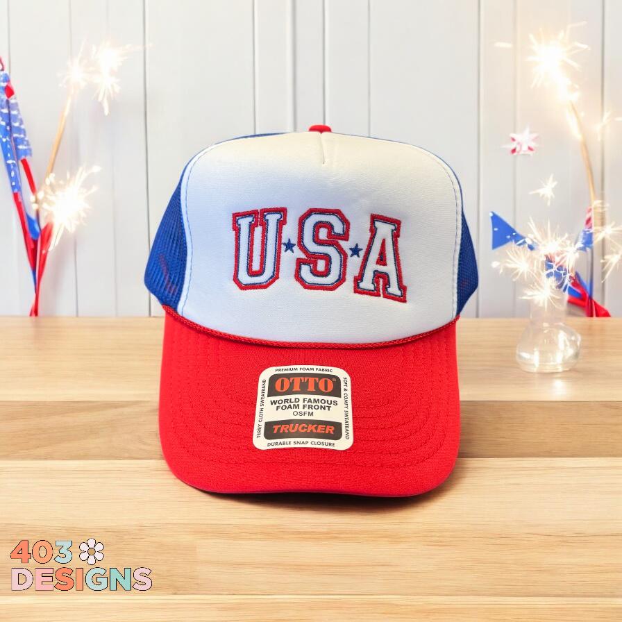 USA Embroidered Red White and Blue Star Otto Trucker Hat New trucker hats are here, just in time for July 4th weekend! ? main image 3
