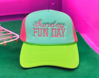 Sunday Fun Day Foam Trucker Hat – Neon Retro Embroidered Hat –Summer Beach Hat | Choose Your Saying & Font | Bright Summer Hat