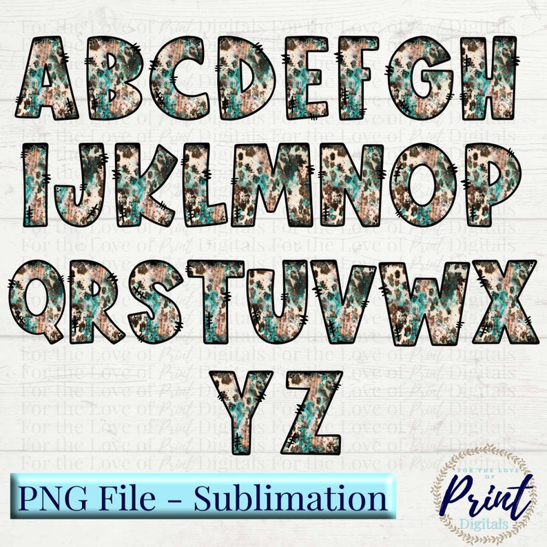 Cowhide Doodle Alphabet Bundle, Turquoise PNG Alpha Pack, Cowhide and