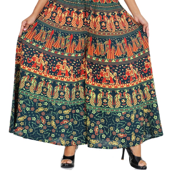 Palazzo Pants India is Boho Dress Yoga Pants type Harem Pants for Women is Loose Pants in Cotton Fabric Elephant Peacock Flower Red Print