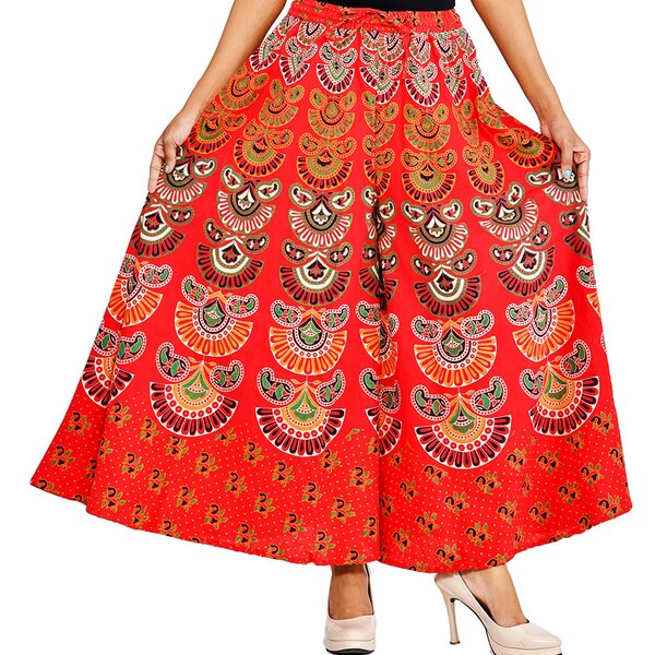 Palazzo Trousers type Yoga Pants with Harem Pants Maxi Dress in Bohemian Dress Pattern by Village Women Handicraft India Flower Tapestry Red