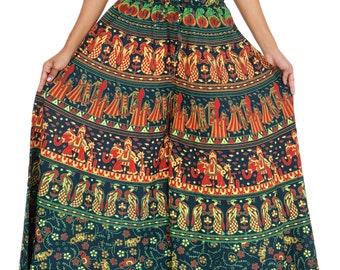 Palazzo Pants India is Boho Dress Yoga Pants Harem Pants for Women which is Loose Pants in Cotton Fabric Elephant Peacock Flower GreenPrint