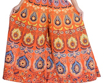 Yoga Pants styled Palazzo Pants and Harem Pants type Boho Dress truly Rajasthan Handicraft in Mandala Tapestry Print Flower Pants Red Orange