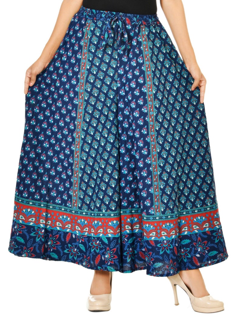 Boho Kleid mit Palazzohose Indien und Yogahose Haremshose von Handmade India Print Kleid von Jaipur BlockPrint Blau Rote Blumenhose Blau