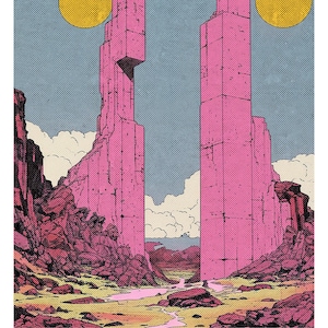 May include: A retro-style illustration of two tall pink buildings in a desert landscape with two yellow suns in the sky. The text "The Flaming Lips" is at the bottom of the image with the words "Oklahoma City, OK" below it.