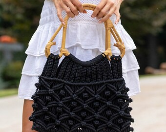 Handmade Macramé Cane Handle Bag – Boho Cotton Knotted Purse with Lining & Magnetic Closure – Top Handle Woven Shoulder Tote - Gift for Her