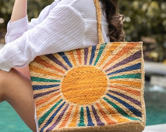 Handmade Jute Beach Bag for Women, Tropical Print Market Tote with Lining, Large Woven Summer Bag, Mother&#39;s Day,Everyday Travel Gift for Her