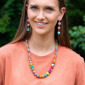 Colorful Boho Rounded Square Bead Necklace for Women, Handcrafted Kantha Recycled Sari Jewelry, Fair Trade Ethical Gift by Artisans in India