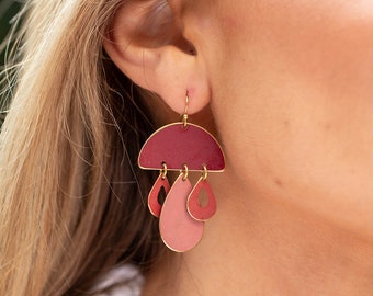 Brass Patina Earrings - Red and Pink Abstract Mushroom