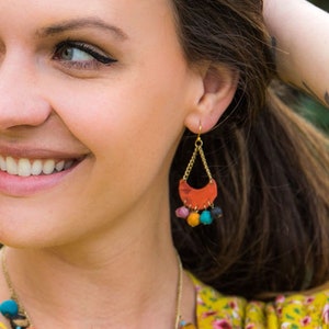 Colorful Boho Crescent Chain Earrings for Women, Handcrafted Kantha Recycled Sari Jewelry, Fair Trade Ethical Gift by Artisans in India