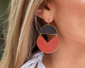 Brass Patina Earrings - Black and Red Abstract Shapes