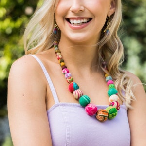 Colorful Boho Graduated Bead Necklace for Women – Handmade Kantha Sari Jewelry, Fair Trade Bold Statement Piece, Recycled Fabric Gift