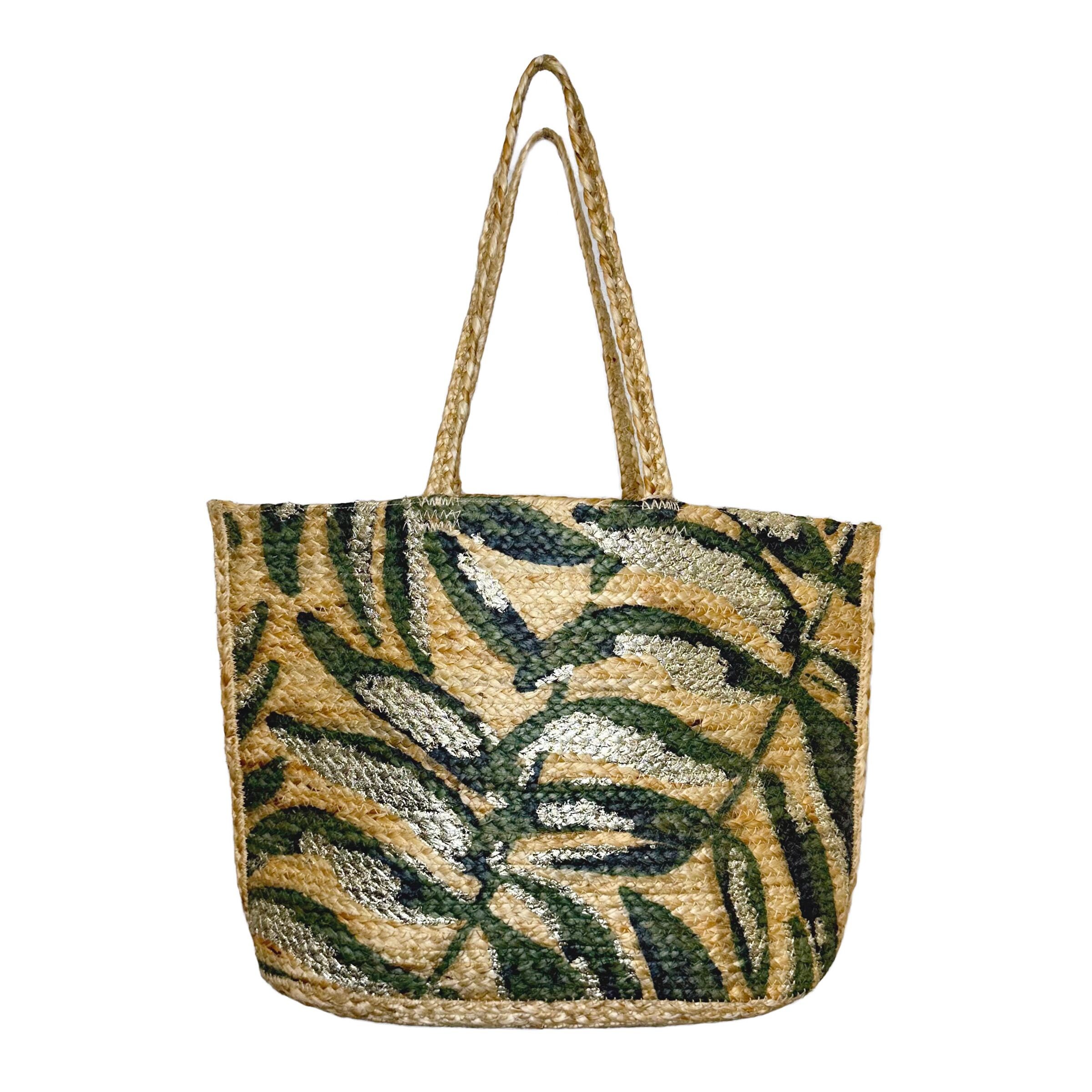Handmade Jute Beach Bag for Women, Tropical Print Market