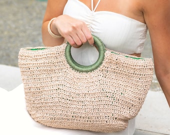 Handmade Raffia Basket Bag with Colorful Wrapped Wooden Handle, Woven Summer Beach Tote, Lightweight Travel Bag, Beach Bag, Gift for Her