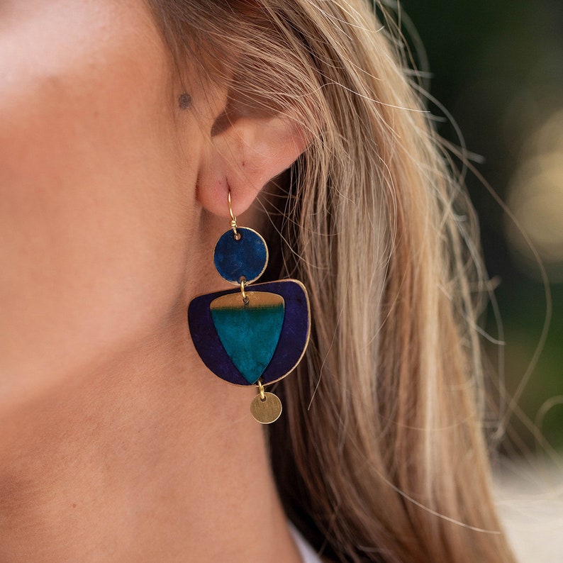 Brass Patina Earrings Blue Layered Hues image 1