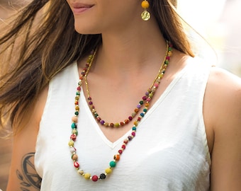 Colorful Boho Beads Necklace for women, Handcrafted Kantha recycled Sari Jewelry, Fair Trade Ethical Gift by artisans in India