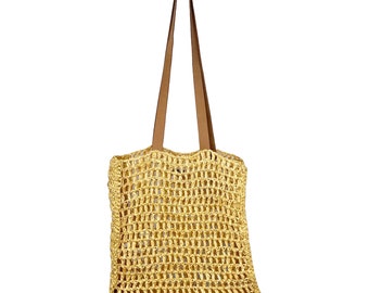 Natural Loose Woven Handmade Raffia Tote With Leather Straps