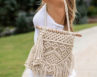 Handmade Boho Cotton Macrame Handbag for Women,Handmade Fringe Purse with Lining,Woven Festival Beach Bag with Wooden Handles ,Gifts for Her