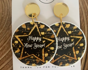 Happy New Year Disc Printed Dangle Earrings