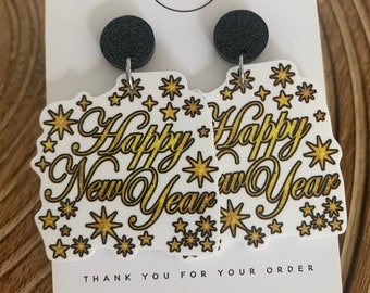 Happy New Year Stars Printed Acrylic Dangle Earrings