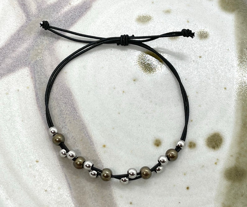 Women's Mixed Metal Bracelet - Gold & Silver Stainless Steel Bead Stretch Bracelet, 6.3 Inch Adjustable Bangle