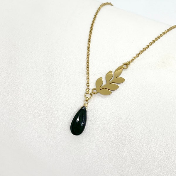 Leaf and Dainty Onyx Gemstone Dewdrop Necklace Asymmetrical Design 16”-18" Tarnish Resistant Stainless Steel 18k Gold Plated or Silver Tone