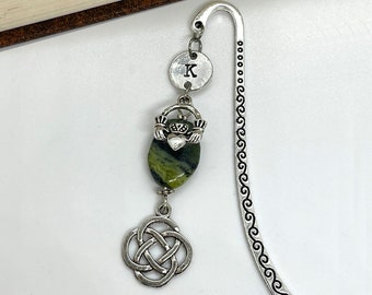 Personalized Celtic Mini Bookmark Choose Initial Green Gemstone Silver Plate Claddagh Book Lover Teacher Gift