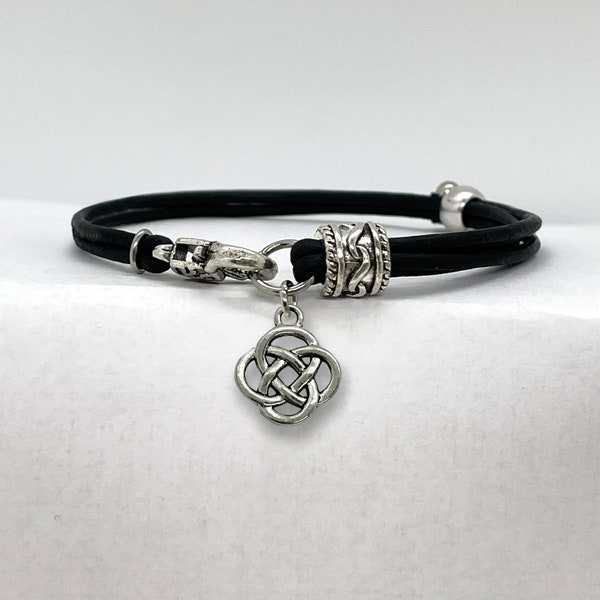 CELTIC KNOT Charm Leather Cord BRACELET Antique Silver Tone Endless Knot Personalized Adjustable Fit Unisex